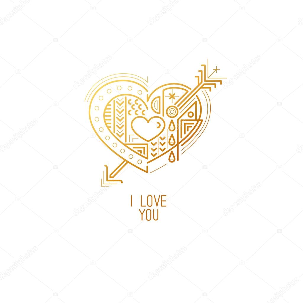 Decorative golden heart pierced by an arrow icon on a white background. Inscription I love you. Vector illustration of Valentine's Day. Symbol of love modern trend mono line.