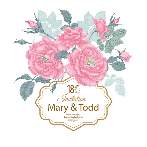 Vector wedding invitation template with roses. — Stock Vector