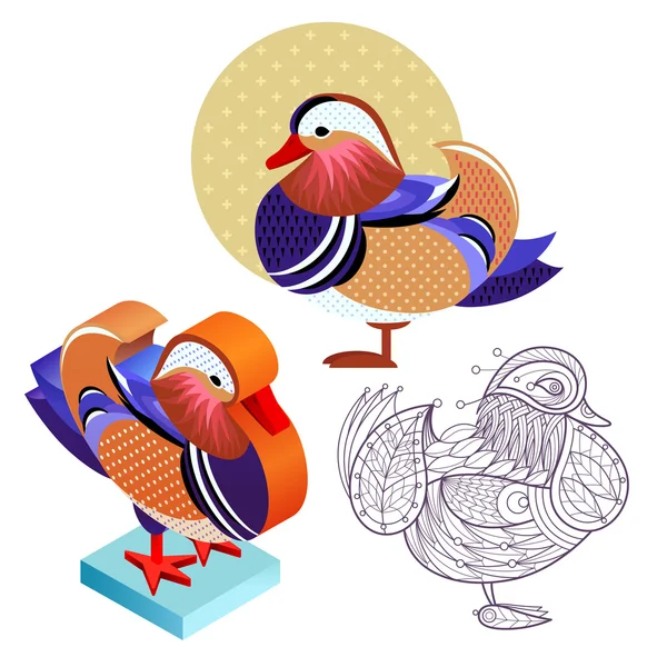 Set Mandarin duck image in different styles. — Stock Vector