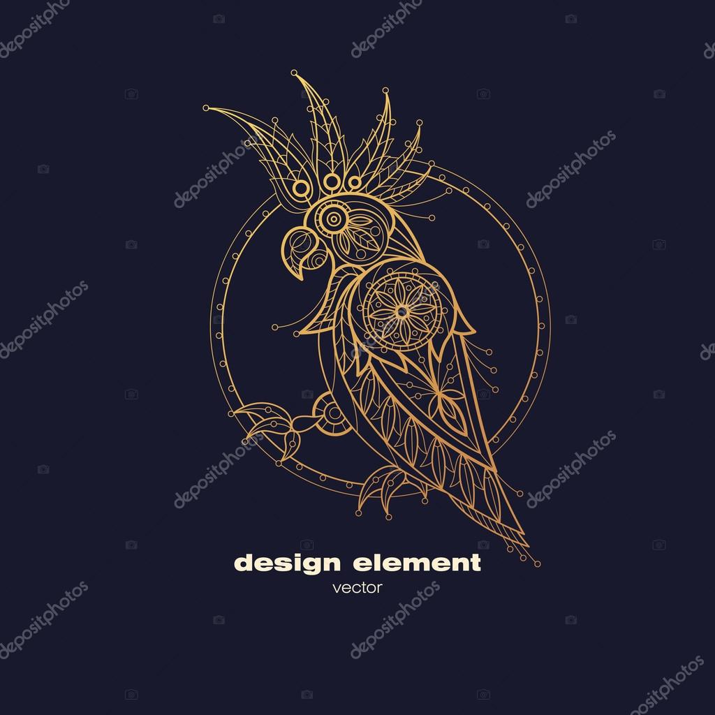 Vector design element - cockatoo. Icon decorative bird isolated on black background. Modern decorative illustration animal. Template for logo, emblem, sign, poster. Concept of gold foil print.