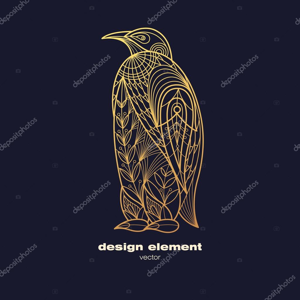 Vector design element penguin. Icon decorative animal isolated on black background. Modern decorative illustration animal. Template for creating logo, emblem, sign, poster. Concept of gold foil print.
