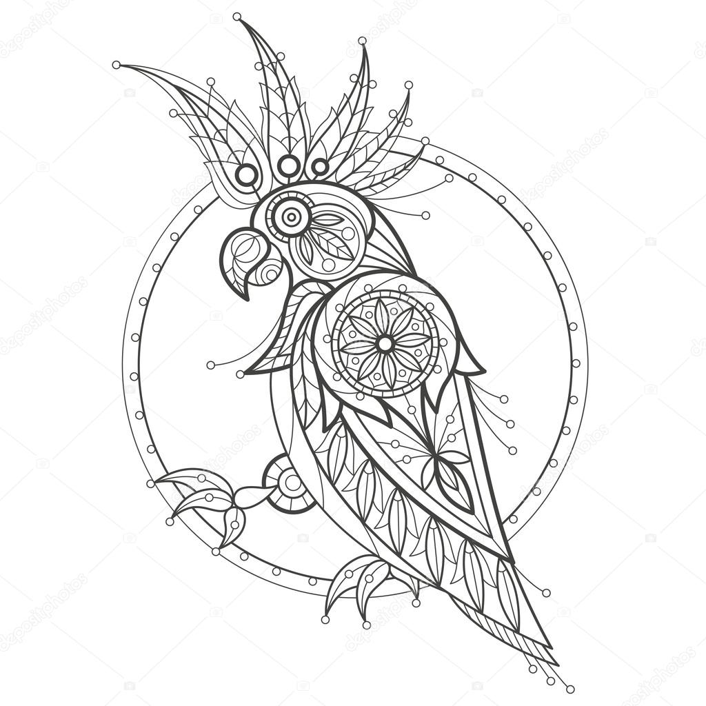 Vector illustration decorative cockatoo on white background. Fashion trend of adult coloration. Bird parrot vector with elements oriental motif Turkish cucumber. Black and white. Modern vector design.