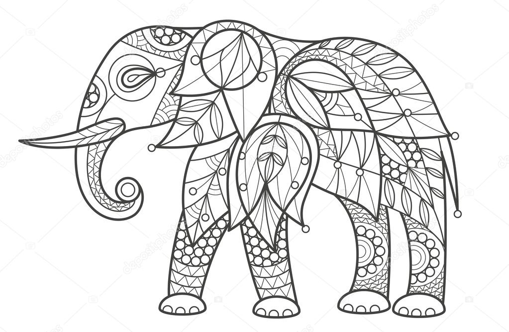 Vector illustration decorative elephant on white background. Fashion trend of adult coloration. Elephant vector with elements oriental motif. Black and white African elephant. Modern vector design.