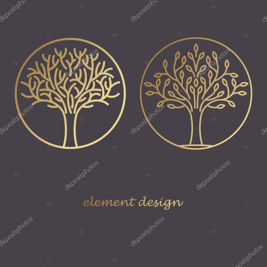 Set of vector elements.The icons of trees. Gold line on a black background. The concept for the organic store, advertising bio products, natural cosmetics, dietary supplements. Luxury style.