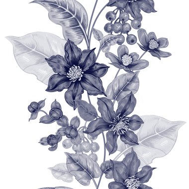 Çiçek clematis ile siyah ve beyaz desen.