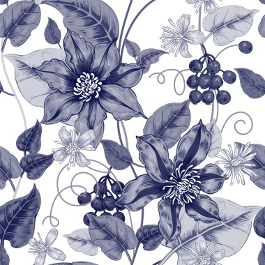 Çiçek clematis ile siyah ve beyaz desen.
