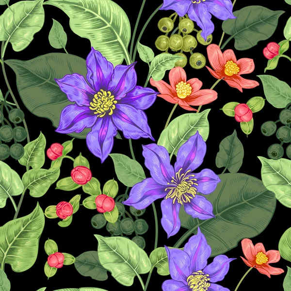 꽃 클레마티스와 꽃 매끄러운 패턴. — 스톡 벡터