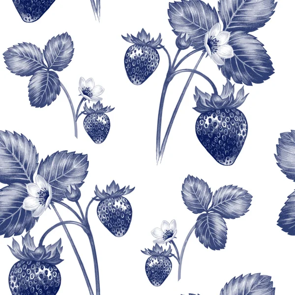 Modèle vectoriel sans couture avec des fleurs et des fraises — Image vectorielle