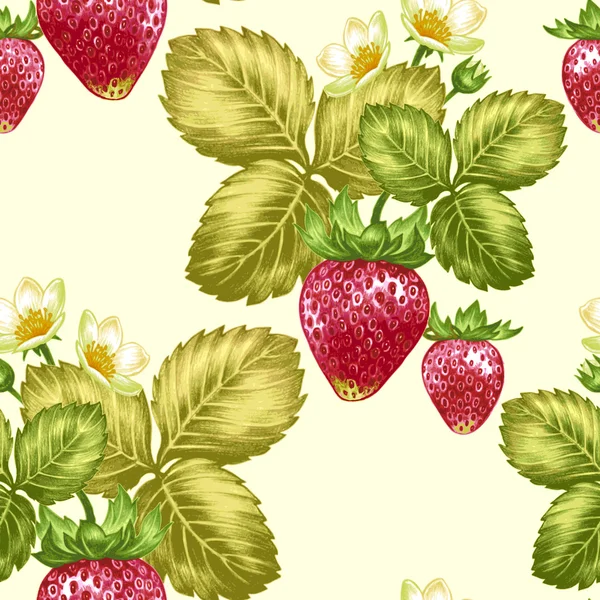 Modèle vectoriel sans couture avec des fleurs et des fraises — Image vectorielle