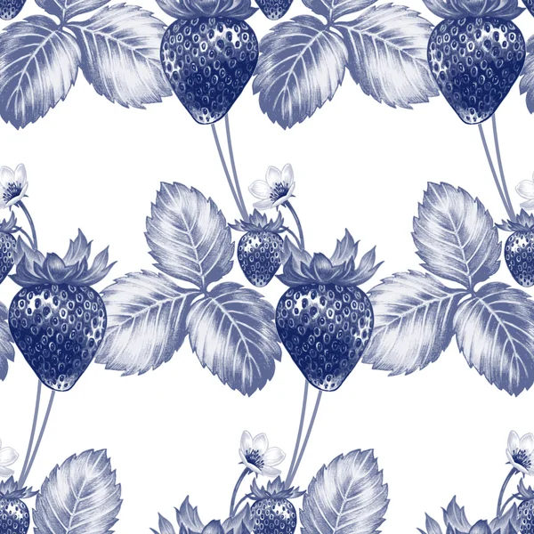 Modèle vectoriel sans couture avec des fleurs et des fraises — Image vectorielle
