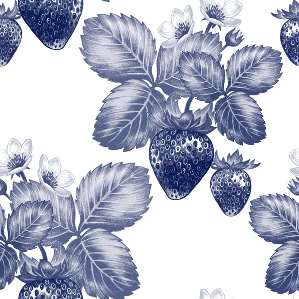 Modèle vectoriel sans couture avec des fleurs et des fraises . — Image vectorielle