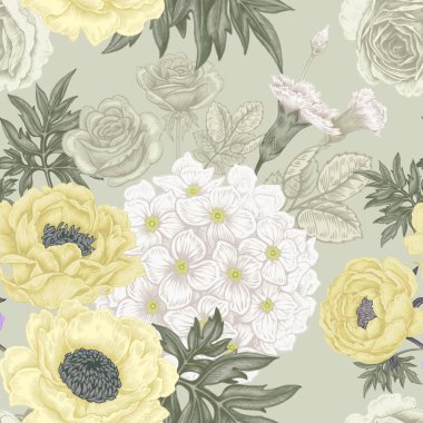 Çiçek gül, şakayık, ortanca, karnat ile Dikişsiz desen