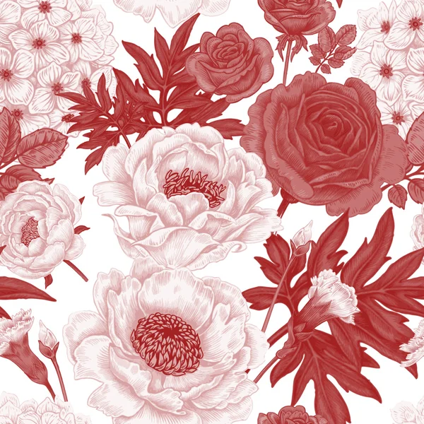 Απρόσκοπτη μοτίβο με λουλούδια τριαντάφυλλα, παιώνιες, ορτανσίες, carnat — Διανυσματικό Αρχείο