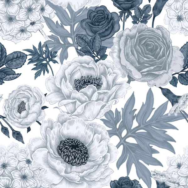 Бесшовный узор с цветами розы, пионы, гортензии, карнат — стоковый вектор