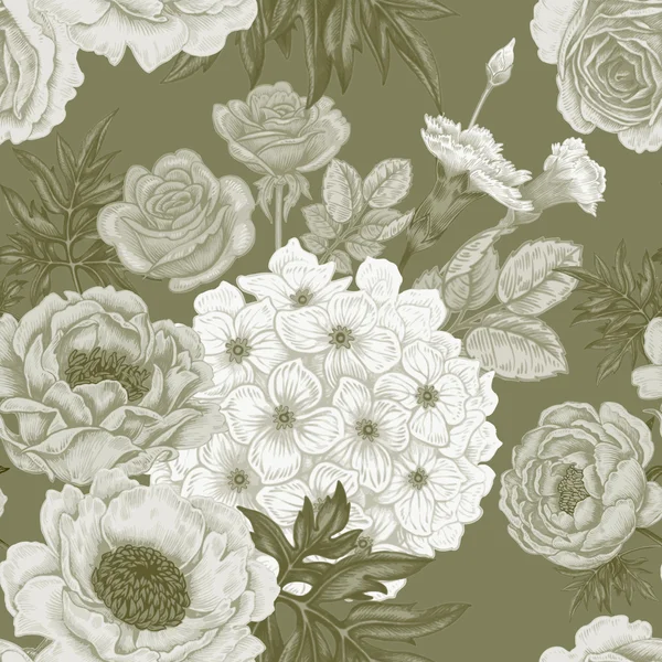 Seamless pattern with flowers roses, peonies, hydrangeas, carnat