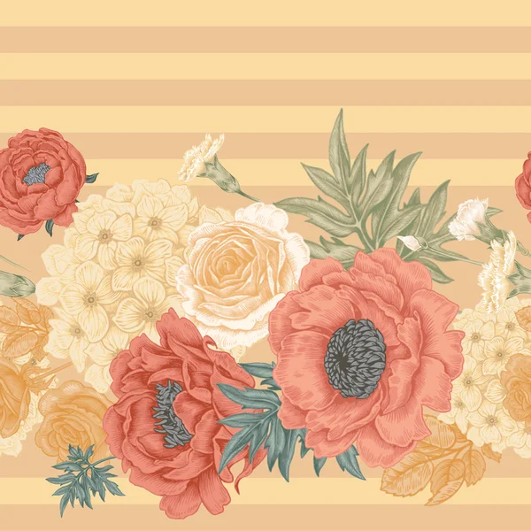 Sömlösa mönster med blommor rosor, pioner, hydrangeas, carnat — Stock vektor