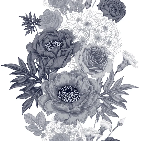 Бесшовный узор с цветами розы, пионы, гортензии, карнат — стоковый вектор
