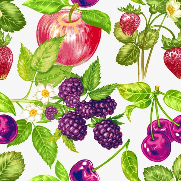 Διάνυσμα χωρίς ραφές floral μοτίβο με φρούτα και μούρα. — Διανυσματικό Αρχείο