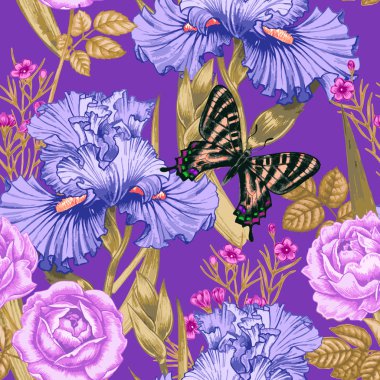 Seamless vector pattern with flowers and butterflies. clipart