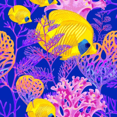 Balık ve mercanlar ile dikişsiz vektör deseni.