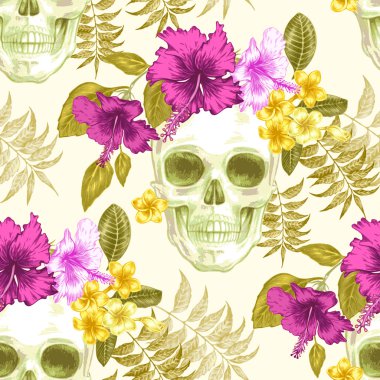 Çiçekler ve kafatasları ile dikişsiz vektör deseni.