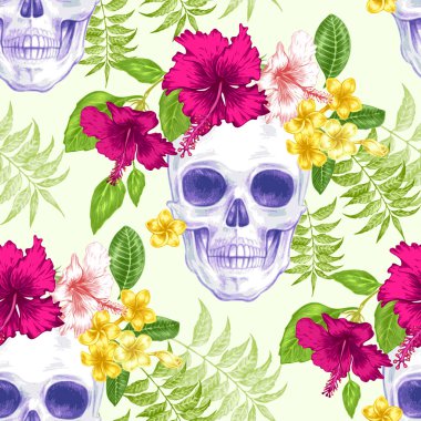 Çiçekler ve kafatasları ile dikişsiz vektör deseni.