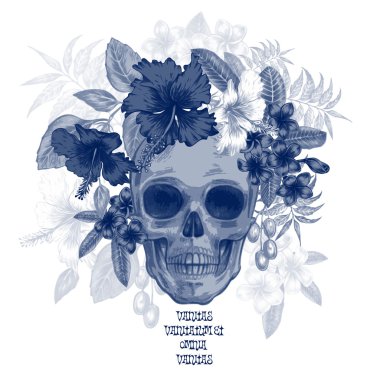 Kafatası ve egzotik tropikal çiçekler.