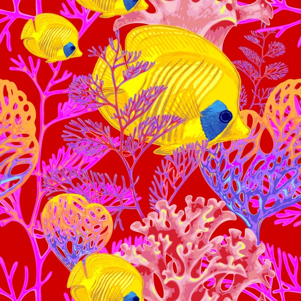 Seamless vector pattern with fish and corals. — Stock Vector