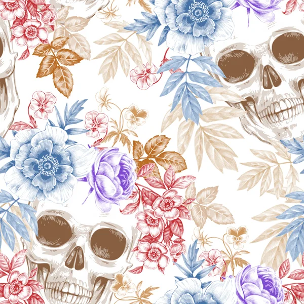 Fondo sin costuras con flores y calaveras . — Vector de stock