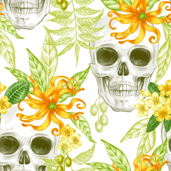 Naadloos vector patroon met bloemen en schedels. — Stockvector