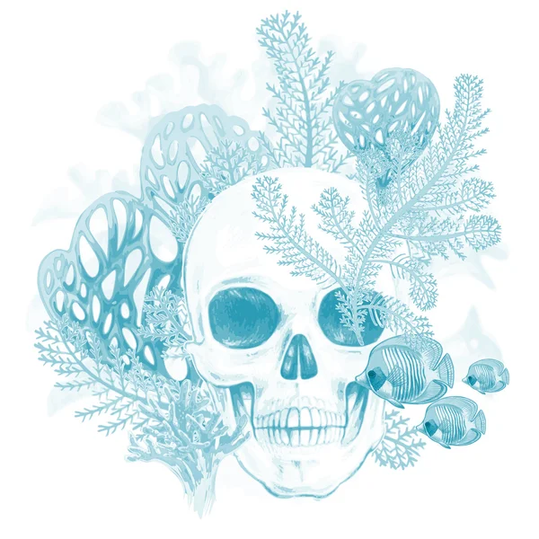 Composition with Skull, coral and fish on a white background. — Stock Vector