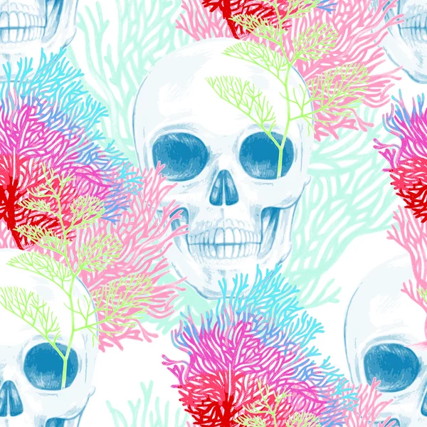 Seamless vector pattern with coral and skull. — Stock Vector