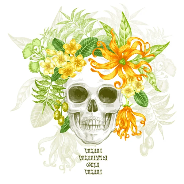 Kafatası ve çiçeklervektör illüstrasyon. — Stok Vektör