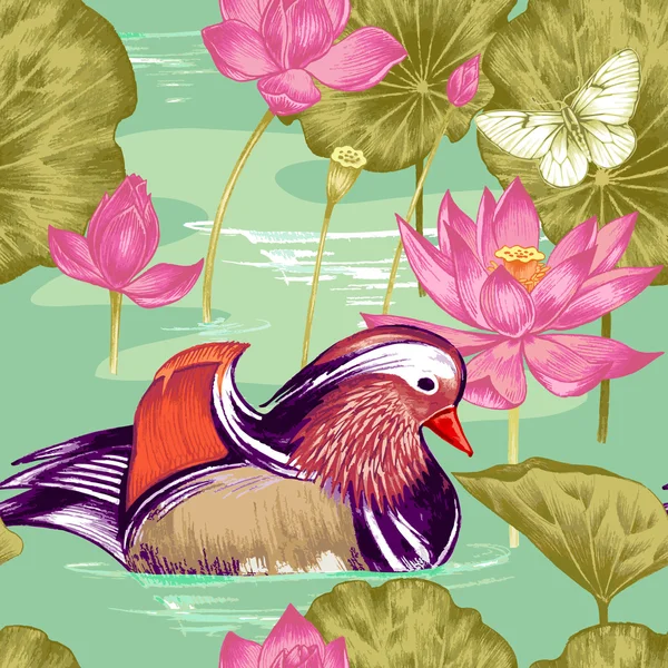 Απρόσκοπτη μοτίβο με πουλιά και λουλούδια. — Διανυσματικό Αρχείο