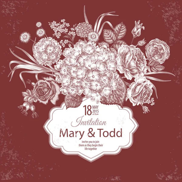 Cartão com a imagem de flores no estilo vitoriano no fundo branco e lugar para o seu texto. Flores rosas, peônias, hortênsias. Ilustração vetorial . — Vetor de Stock