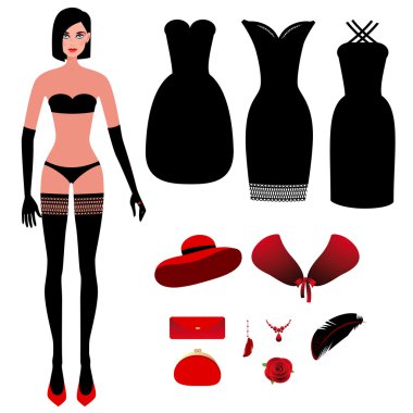 Vektör çizim - kız ve giysi. Oluşturucu.