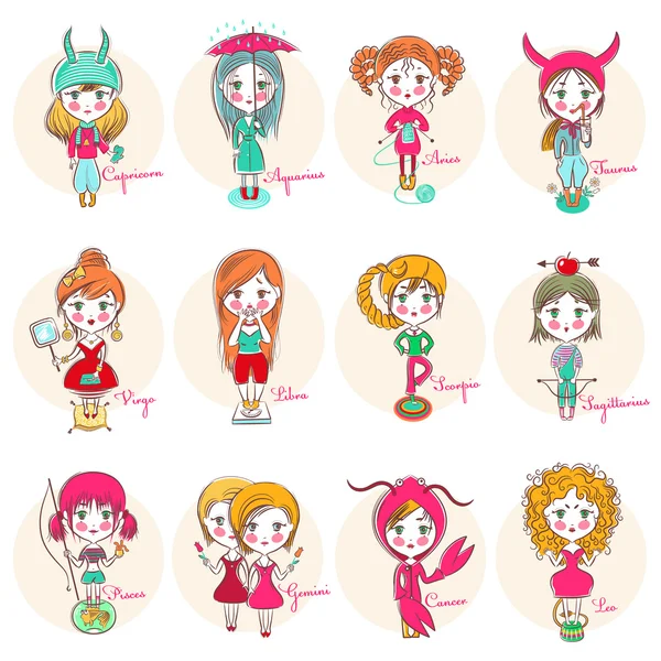 Набор знаков зодиака в виде симпатичных девушек . — стоковый вектор