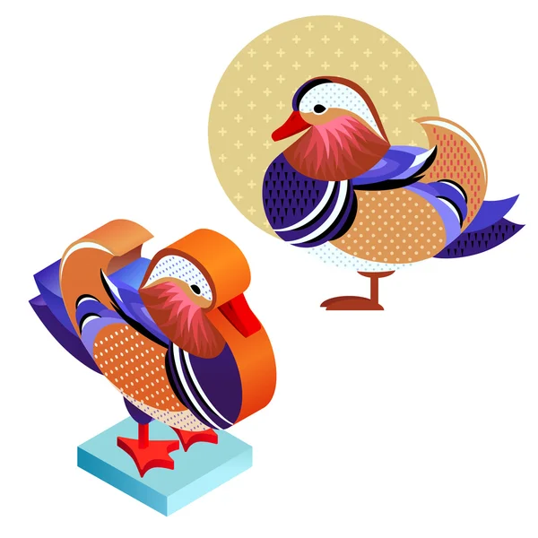 Bird Mandarin Duck i en platt stil och en isometrisk vy. — Stock vektor