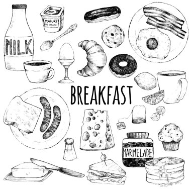 Doodle set of food for breakfast vector Doodle set of food for breakfast vector
