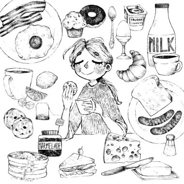 Breakfast. Hand drawing of food and beverages. The girl has brea vector Breakfast. Hand drawing of food and beverages. The girl has brea vector