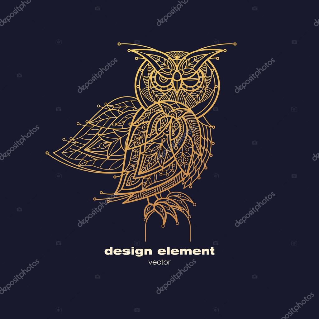 Vector design element - owl. Icon decorative bird isolated on black background. Modern decorative illustration animal. Template for creating logo, emblem, sign, poster. Concept of gold foil print.