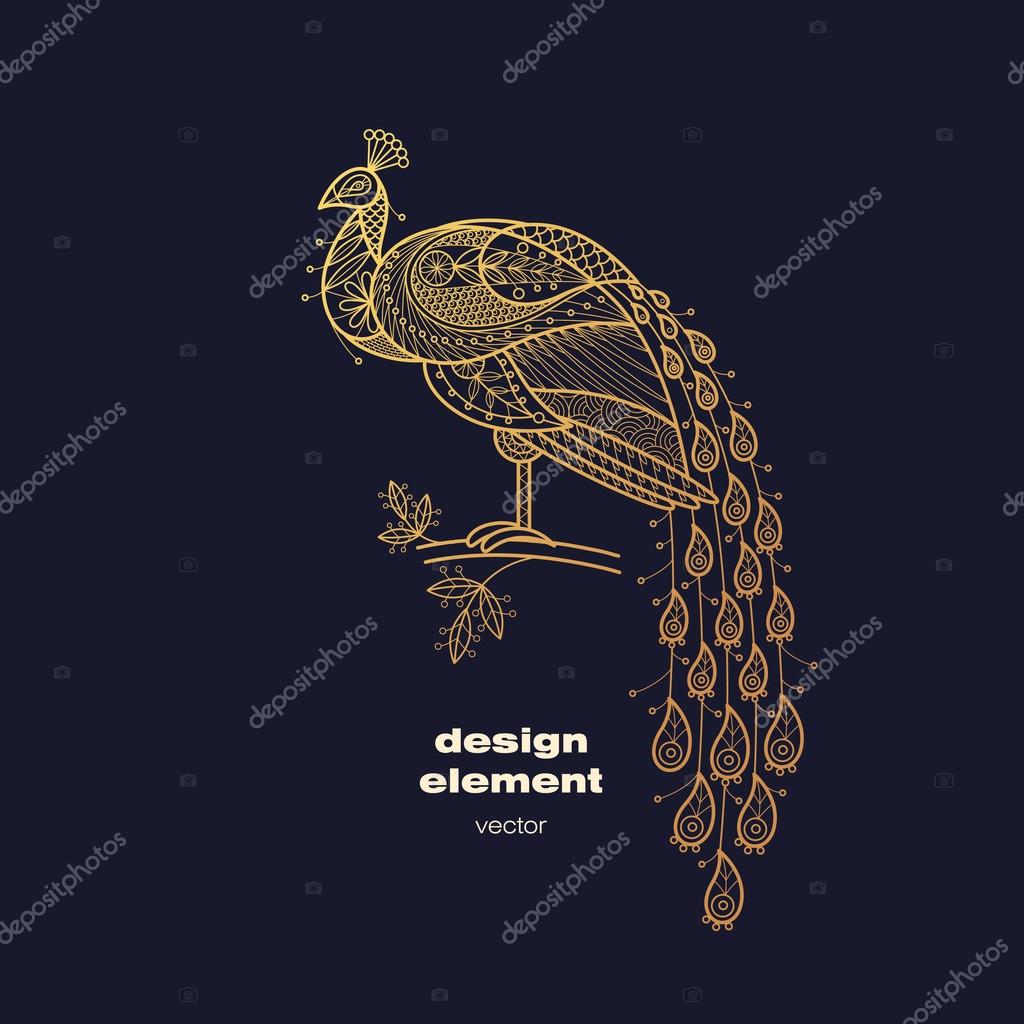 Vector design element - peacock. Icon decorative bird isolated on black background. Modern decorative illustration animal. Template for creating logo, emblem, sign, poster. Concept of gold foil print.