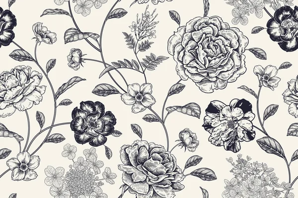 Patrón Inconsútil Vintage Fondo Blanco Negro Floral Flores Rosas Peonías — Vector de stock