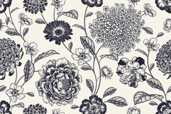 Patrón Inconsútil Vintage Fondo Blanco Negro Floral Flores Rosas Peonías — Vector de stock