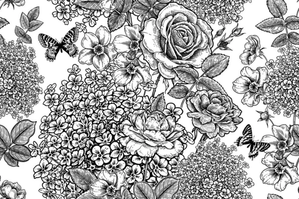 Des Fleurs Jardin Hortensia Roses Papillons Motif Floral Sans Couture — Image vectorielle