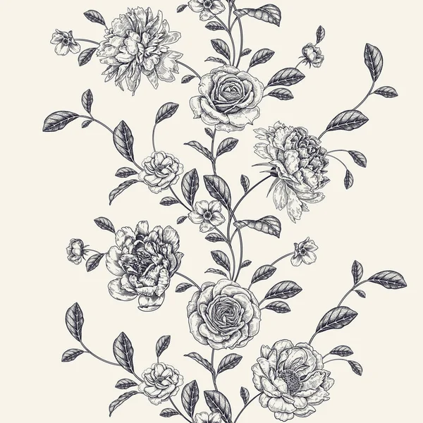 Vintage Naadloos Patroon Bloemen Zwart Wit Achtergrond Tuinbloemen Rozen Pioenen — Stockvector