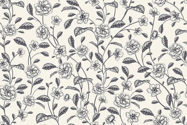 Small flowers and leaves. Floral seamless pattern. Abstract black flowers on a white background. Vintage. Handmade graphics. Template for summer textiles, paper, wallpaper, interior and other.