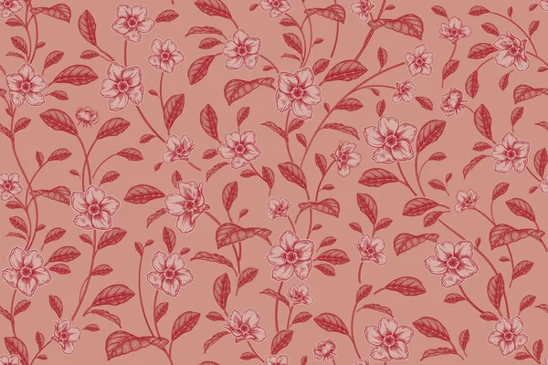 小さな花や葉 赤のシームレスなパターン 抽象的な花の背景 ヴィンテージ 手作りのグラフィック 夏の織物 インテリアなどのテンプレート — ストックベクタ