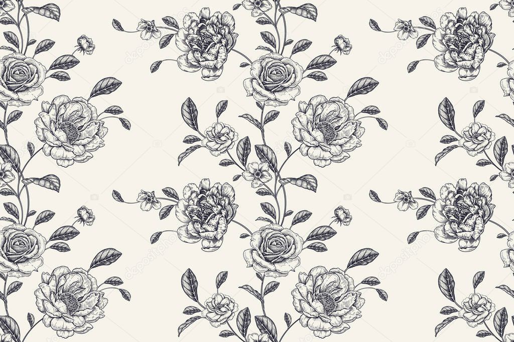 Vintage seamless pattern. Floral black and white background. Garden flowers roses, peonies, branches and leaves. Handmade graphics. Victorian style. Summer template for textiles, paper, wallpaper.