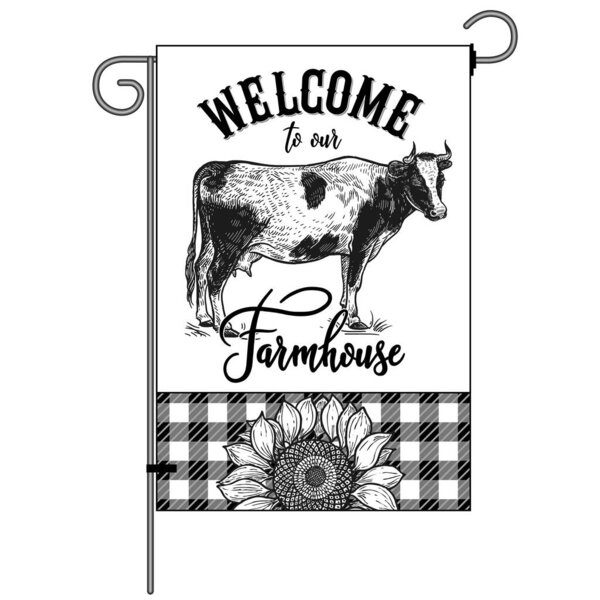 Farm flag. Welcome to our farmhouse. Cow profile, check pattern and sunflower. Farm animal, flower and Lumberjack plaid. Cattle. Black and white graphics. Vector illustration. Vintage. 
